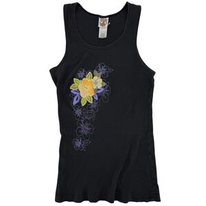 Posh by Avatar Black Ribbed Tank Top Floral Hibiscus Graphic Y2K XL 100% Cotton